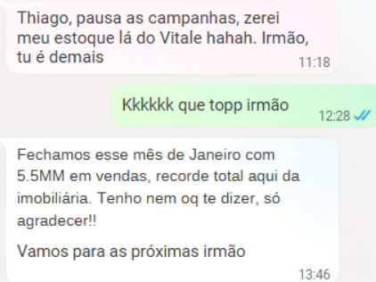 Cliente relatando 5,5MM em vendas no mês
