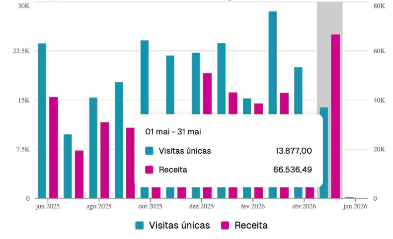 Gráfico de visitas únicas e receita por mês